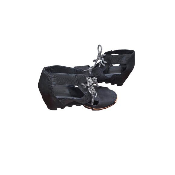 Sorel Joanie Women's Black Leather Lace-Up Wedge Sandals Size 8.5 - Picture 1 of 7